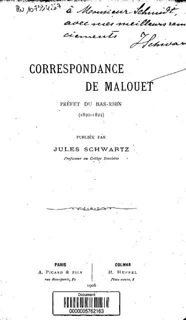 Correspondance de Malouet, Prefet du Bas-Rhin, 1820-1822