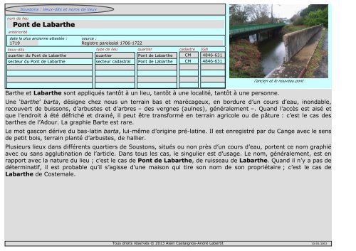 Pont de Labarthe - Soustons : lieux-dits et noms de lieux