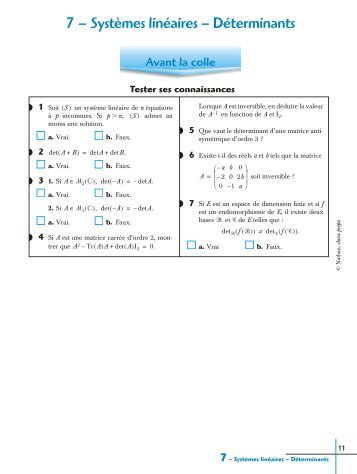 7 – Systèmes linéaires – Déterminants - Classe Prépa scientifique