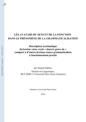 LES AVATARS DU SENS ET DE LA FONCTION DANS LE ...