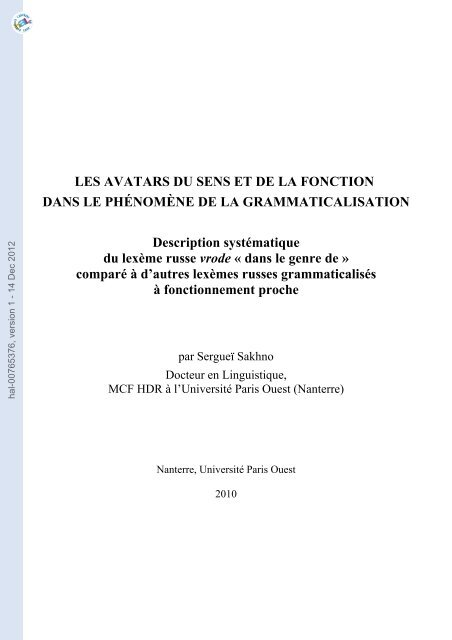 LES AVATARS DU SENS ET DE LA FONCTION DANS LE ...