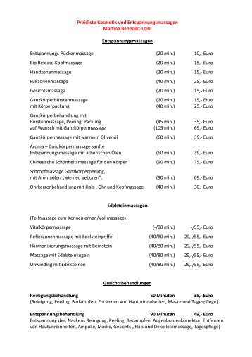 zur Preisliste Kosmetik und Massagen