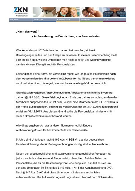 Aufbewahrung von Personalakten - Zahnrztekammer Niedersachsen