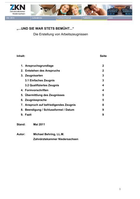 Die Erstellung von Arbeitszeugnissen - Zahnrztekammer ...