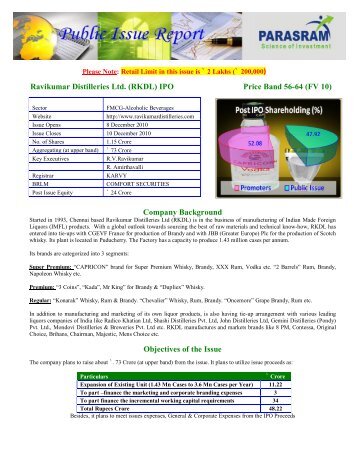 Ravikumar Distilleries Ltd. (RKDL) IPO Price Band 56 ... - PARASRAM
