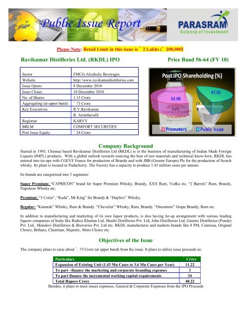 Ravikumar Distilleries Ltd. (RKDL) IPO Price Band 56 ... - PARASRAM