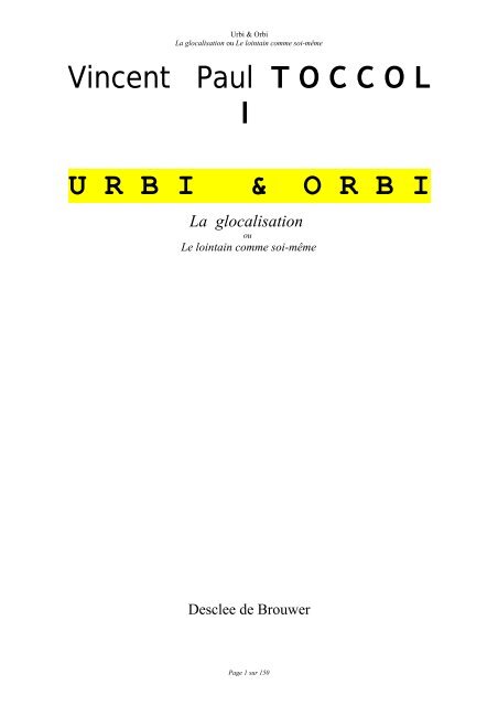 URBI & ORBI, Essai sur la GLOCALISATION - Vincent-Paul Toccoli ...