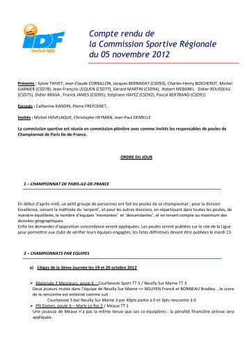 Lundi 05 novembre 2012 - Ligue d'Ile de France de Tennis de Table