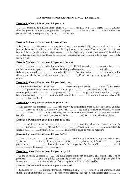 exercice les homophones grammaticaux