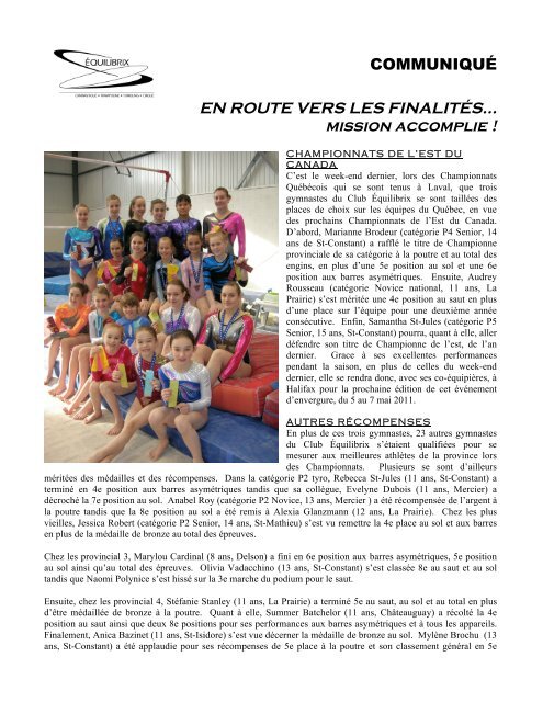 Un bilan positif (avril 2011) - Club de Gymnastique Équilibrix