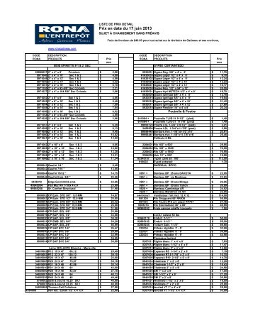 Liste de prix - Rona l'entrepôt Gatineau