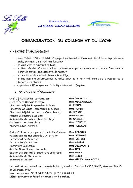 Organisation Du College Et Du Lycee La Salle Saint Rosaire