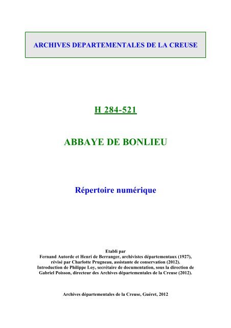 ABBAYE DE BONLIEU - Archives départementales de la Creuse