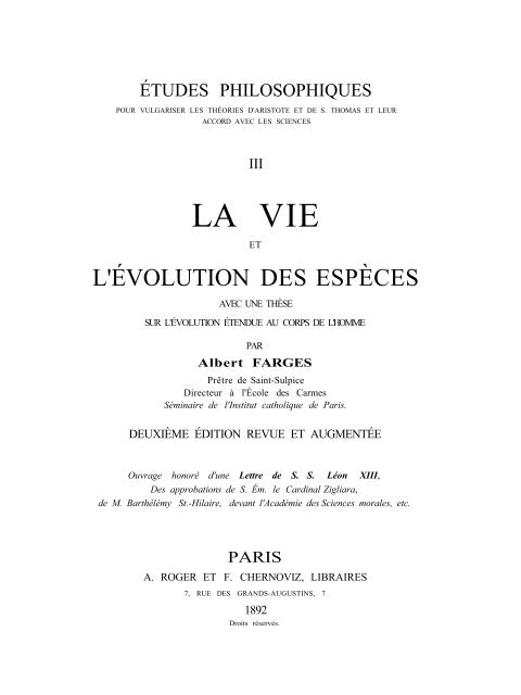 "Études philosophiques", par Mgr Farges, Tome 3 - Thomas d'Aquin ...