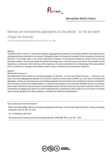 Moines et monastères géorgiens du 9e siècle : la Vie de saint Grigol ...
