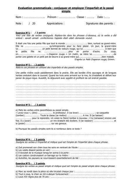 Evaluation Grammaticale Conjuguer Et Employer L Imparfait Rue74