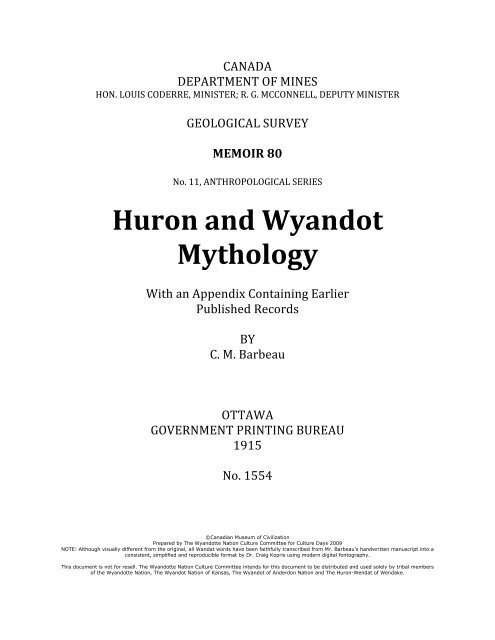 Huron and Wyandot Mythology - Wyandotte Nation