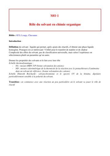 MO 1 Rôle du solvant en chimie organique