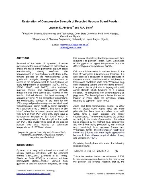 Restoration of Compressive Strength of Recycled Gypsum Board ...