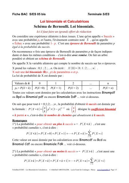 Loi binomiale et Calculatrices Schéma de Bernoulli ... - Logamaths.fr