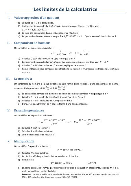 Les limites de la calculatrice - Page personnelle de M. ZERR