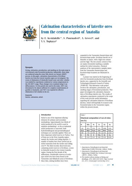 Calcination characteristics of laterite ores from the central - saimm