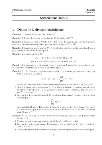 Arithmétique dans Z 1 Divisibilité, division euclidienne