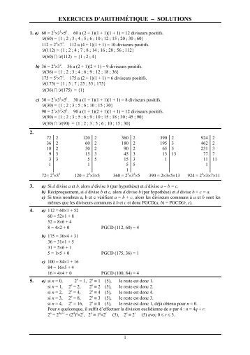 EXERCICES D'ARITHMÉTIQUE − SOLUTIONS