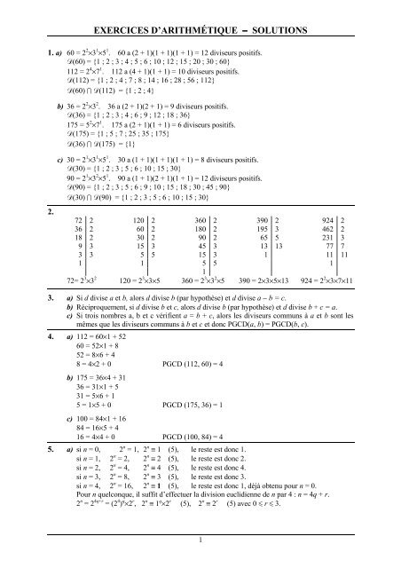 EXERCICES D'ARITHMÉTIQUE − SOLUTIONS