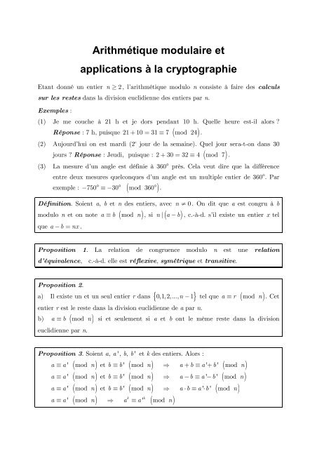 Arithmétique modulaire et applications à la cryptographie