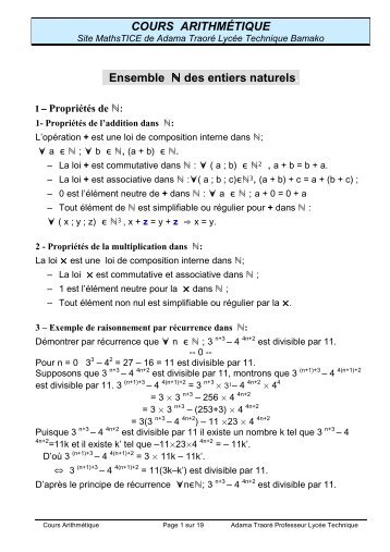 Arithmétique - Bienvenue sur MathsTICE de Adama Traoré