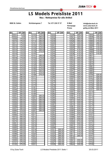 LS Models Preisliste 2011 - Zuba-Tech