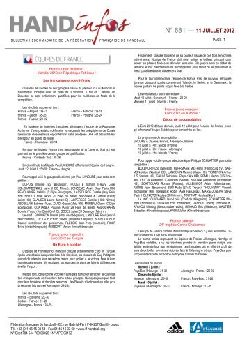 hand infos n° 681 du 11-07-2012 - Fédération française de handball