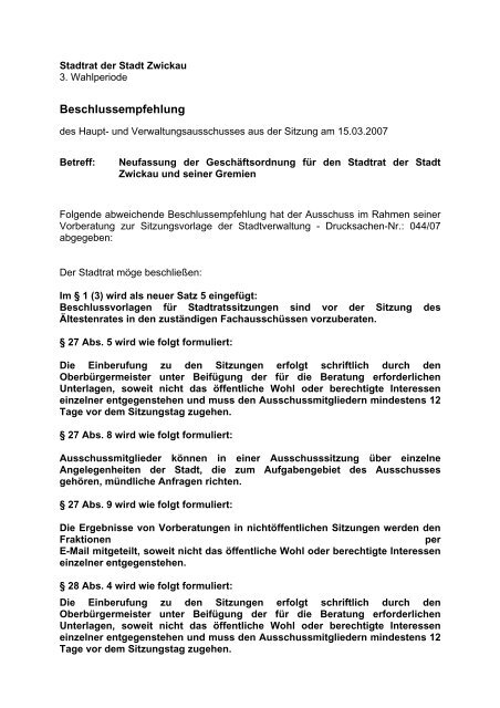 Neufassung der Geschäftsordnung für den Stadtrat ... - Stadt Zwickau