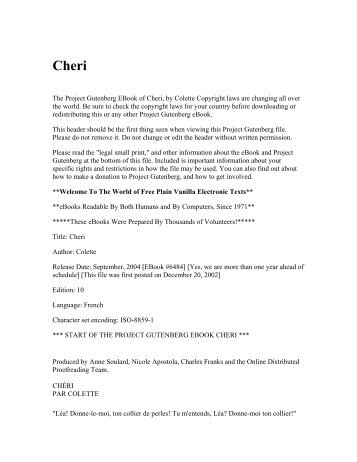 The Project Gutenberg EBook of Cheri, by Colette Copyright ... - Umnet