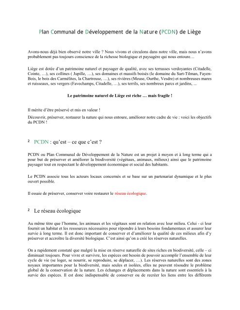 Plan Communal de Développement de la Nature (PCDN) de Liège ² ...