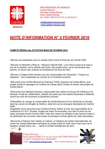 NOTE D'INFORMATION N° 2 FEVRIER 2010 - caritas monaco