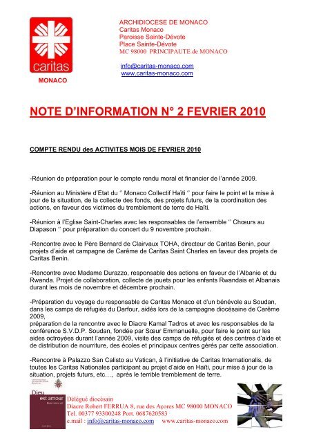 NOTE D'INFORMATION N° 2 FEVRIER 2010 - caritas monaco