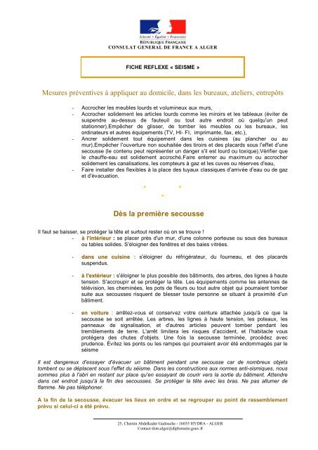 fiche reflexe seisme - Consulat de France à Alger