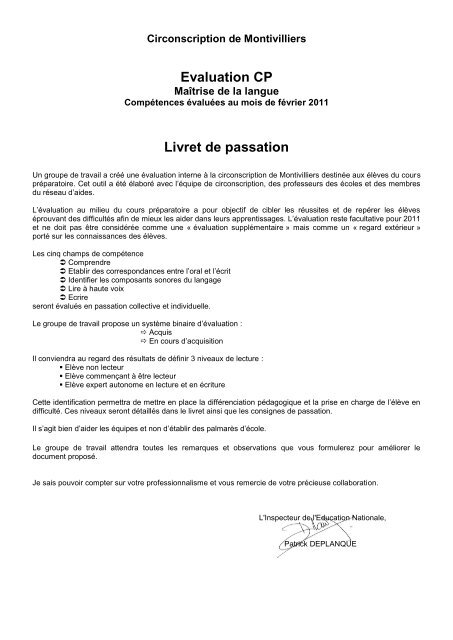 Evaluation CP Livret de passation