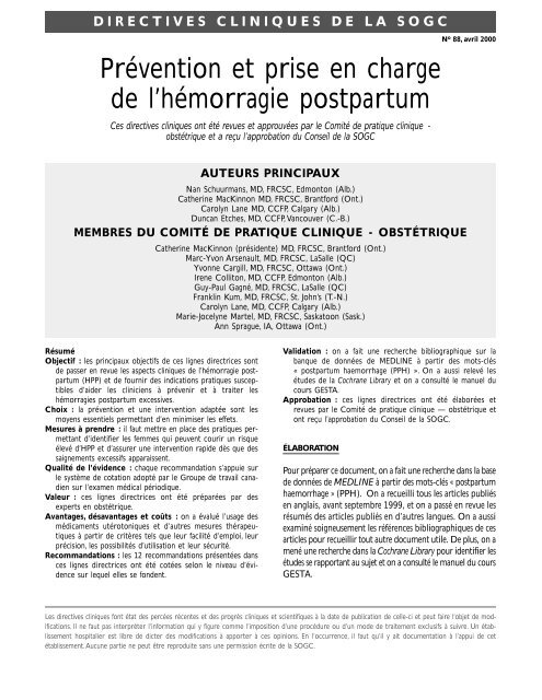 Prevention et prise en charge de l'hemorragie postpartum - SOGC