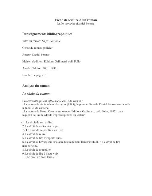 Fiche de lecture fée Carabine