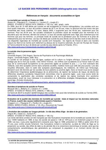 LE SUICIDE DES PERSONNES AGEES (bibliographie avec résumés)