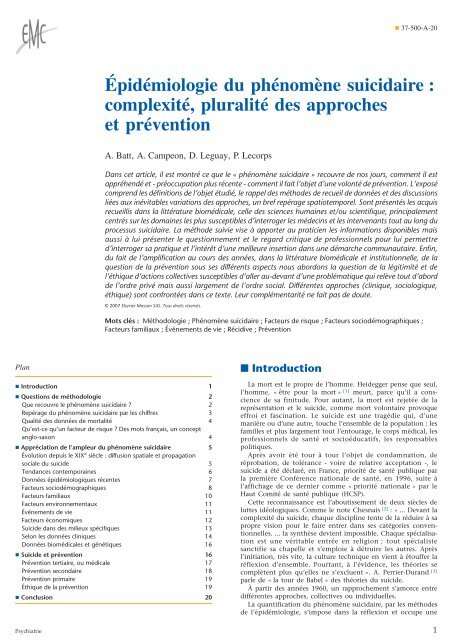 Épidémiologie du phénomène suicidaire - Psychologie - M. Fouchey