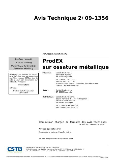 ProdEX sur ossature métallique - Présentation - Prodema
