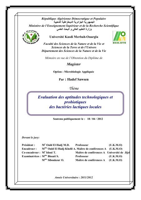 Evaluation des aptitudes technologiques et probiotiques des ...