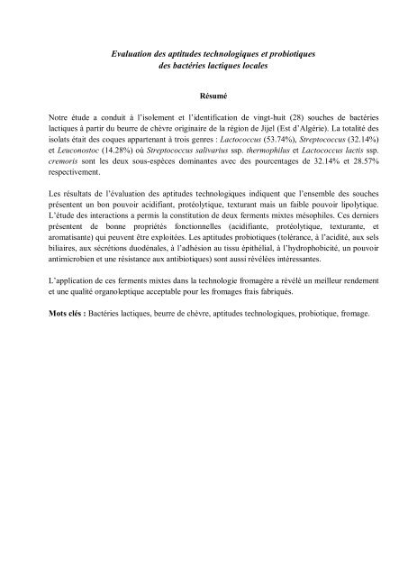 Evaluation des aptitudes technologiques et probiotiques des ...