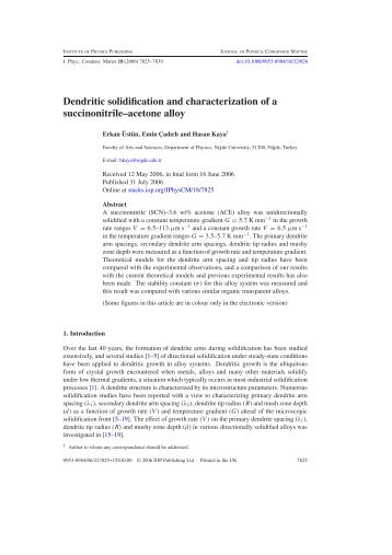 Dendritic solidification and characterization of a succinonitrile ...