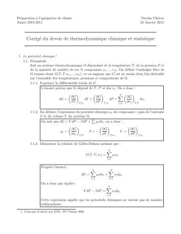 Corrigé du devoir de thermodynamique chimique et statistique