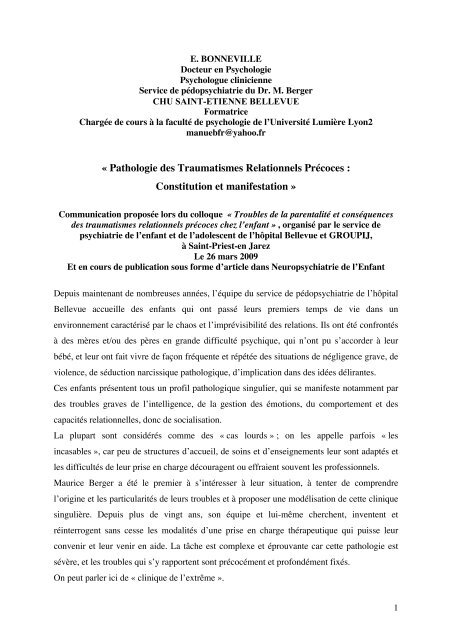 Pathologie des Traumatismes Relationnels Précoces - Maurice Berger